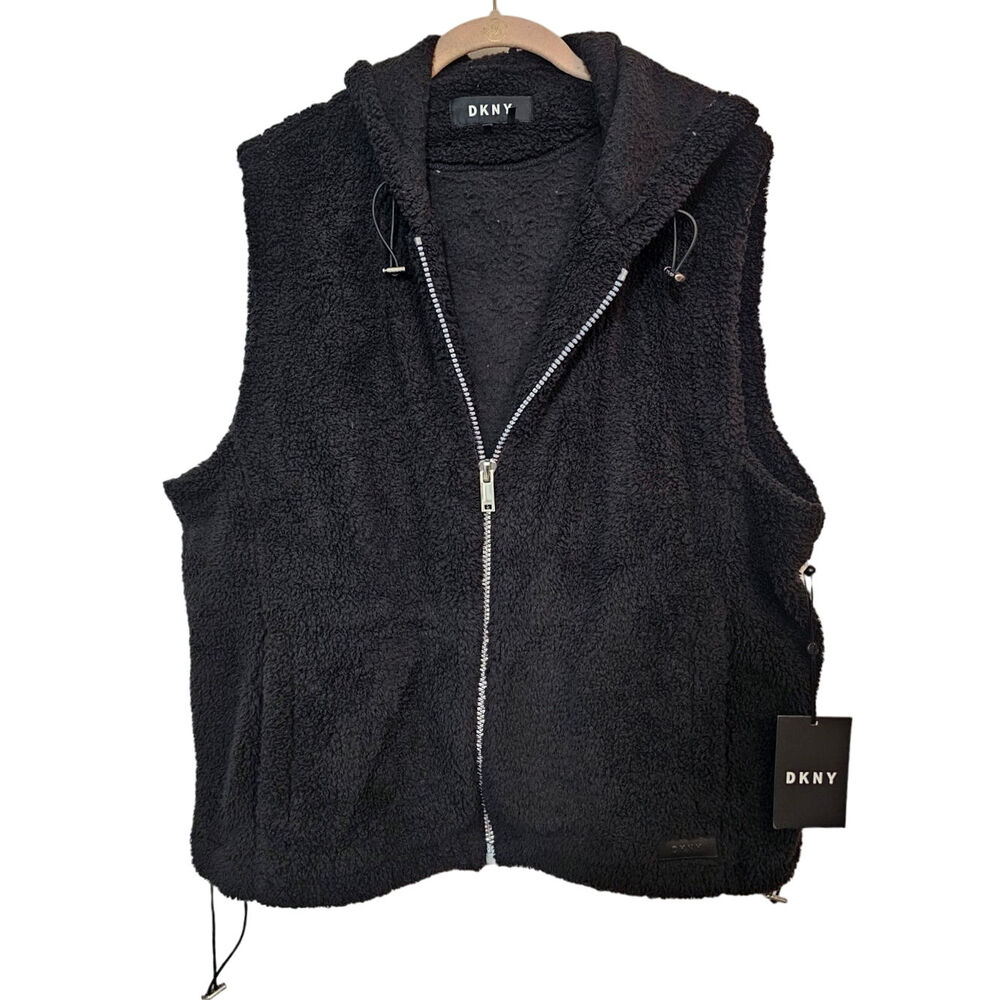 NWT DKNY Black Plush Zip Up Hooded Vest Size XL
